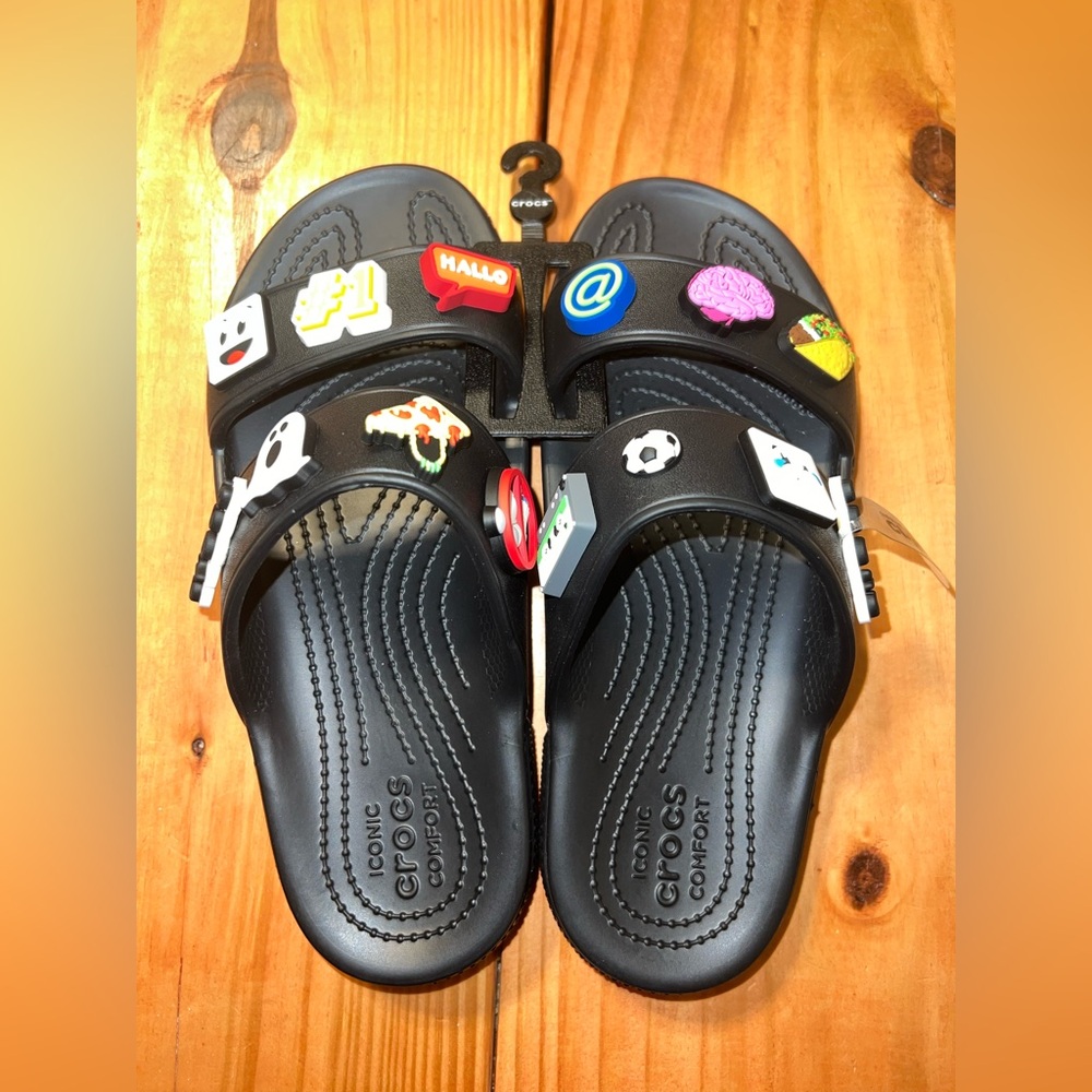 CROCS unisex Black Slide Sandals with charms.men’s 6 /women’s 8